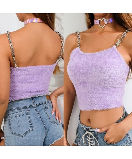 2023 Sexy Fashion Women Summer Casual Sleeveless Plush Camis T-shirt Sleeveless Fur Metal Chain Strappy Crop Top Purple $22.5...