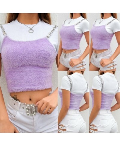 2023 Sexy Fashion Women Summer Casual Sleeveless Plush Camis T-shirt Sleeveless Fur Metal Chain Strappy Crop Top Purple $22.5...