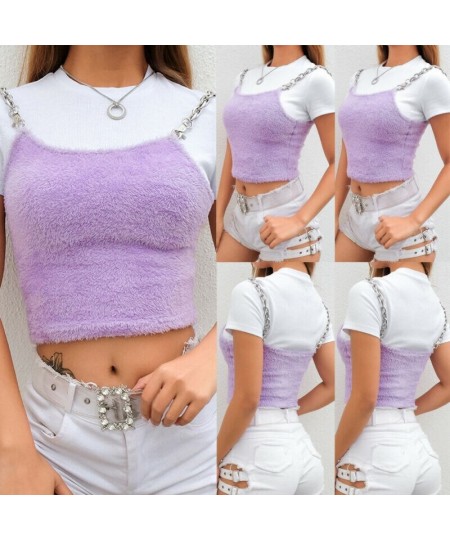 2023 Sexy Fashion Women Summer Casual Sleeveless Plush Camis T-shirt Sleeveless Fur Metal Chain Strappy Crop Top Purple $22.5...