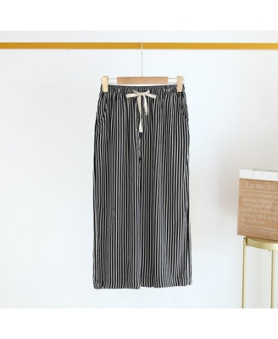 Summer Wide-legged Pants Loose Striped Women Sleep Bottoms Elastic Waist Calf-Length Pants Lounge Sleepwear Loungewear Pajama...