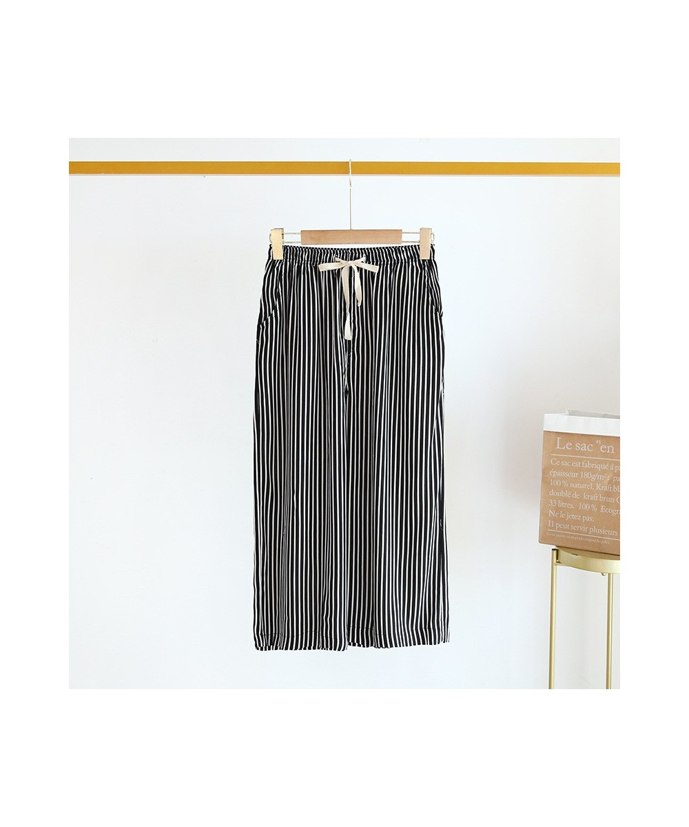 Summer Wide-legged Pants Loose Striped Women Sleep Bottoms Elastic Waist Calf-Length Pants Lounge Sleepwear Loungewear Pajama...