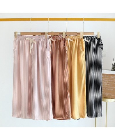 Summer Wide-legged Pants Loose Striped Women Sleep Bottoms Elastic Waist Calf-Length Pants Lounge Sleepwear Loungewear Pajama...