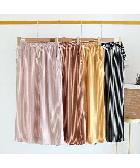 Summer Wide-legged Pants Loose Striped Women Sleep Bottoms Elastic Waist Calf-Length Pants Lounge Sleepwear Loungewear Pajama...