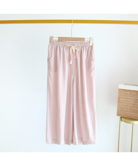 Summer Wide-legged Pants Loose Striped Women Sleep Bottoms Elastic Waist Calf-Length Pants Lounge Sleepwear Loungewear Pajama...