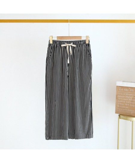 Summer Wide-legged Pants Loose Striped Women Sleep Bottoms Elastic Waist Calf-Length Pants Lounge Sleepwear Loungewear Pajama...