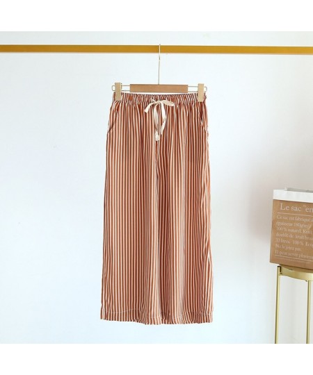 Summer Wide-legged Pants Loose Striped Women Sleep Bottoms Elastic Waist Calf-Length Pants Lounge Sleepwear Loungewear Pajama...