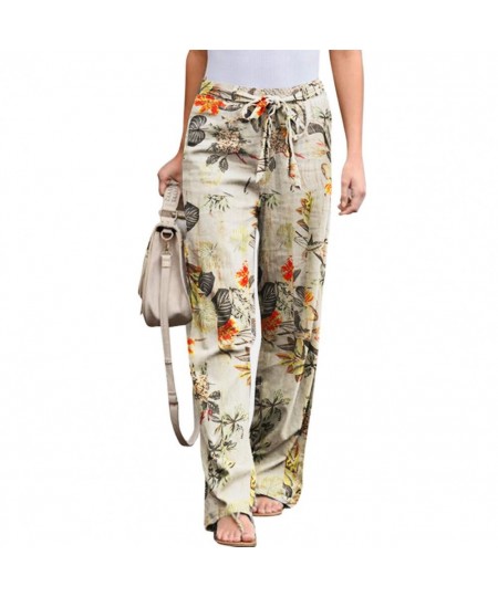 Women Pants Vintage Floral Print Drawstring Trousers Mid Waist Straight Leg Loose Ladies Sports Casual Pants $32.49 - Pants &...