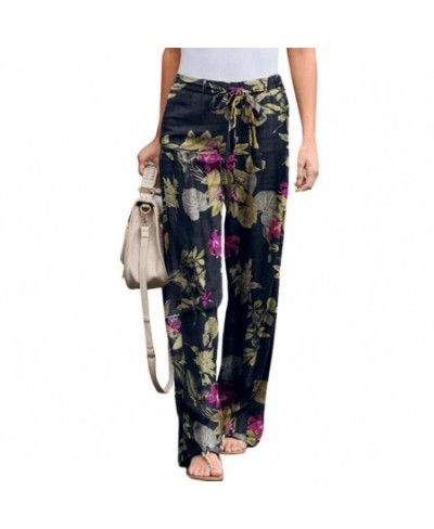 Women Pants Vintage Floral Print Drawstring Trousers Mid Waist Straight Leg Loose Ladies Sports Casual Pants $32.49 - Pants &...