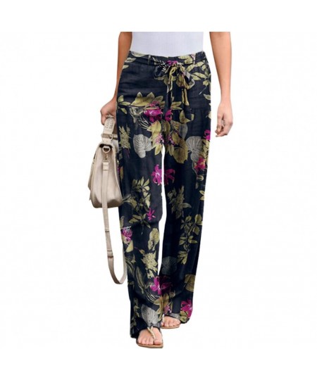 Women Pants Vintage Floral Print Drawstring Trousers Mid Waist Straight Leg Loose Ladies Sports Casual Pants $32.49 - Pants &...