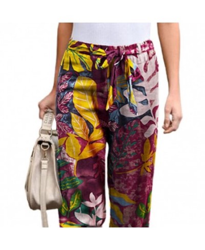 Women Pants Vintage Floral Print Drawstring Trousers Mid Waist Straight Leg Loose Ladies Sports Casual Pants $32.49 - Pants &...