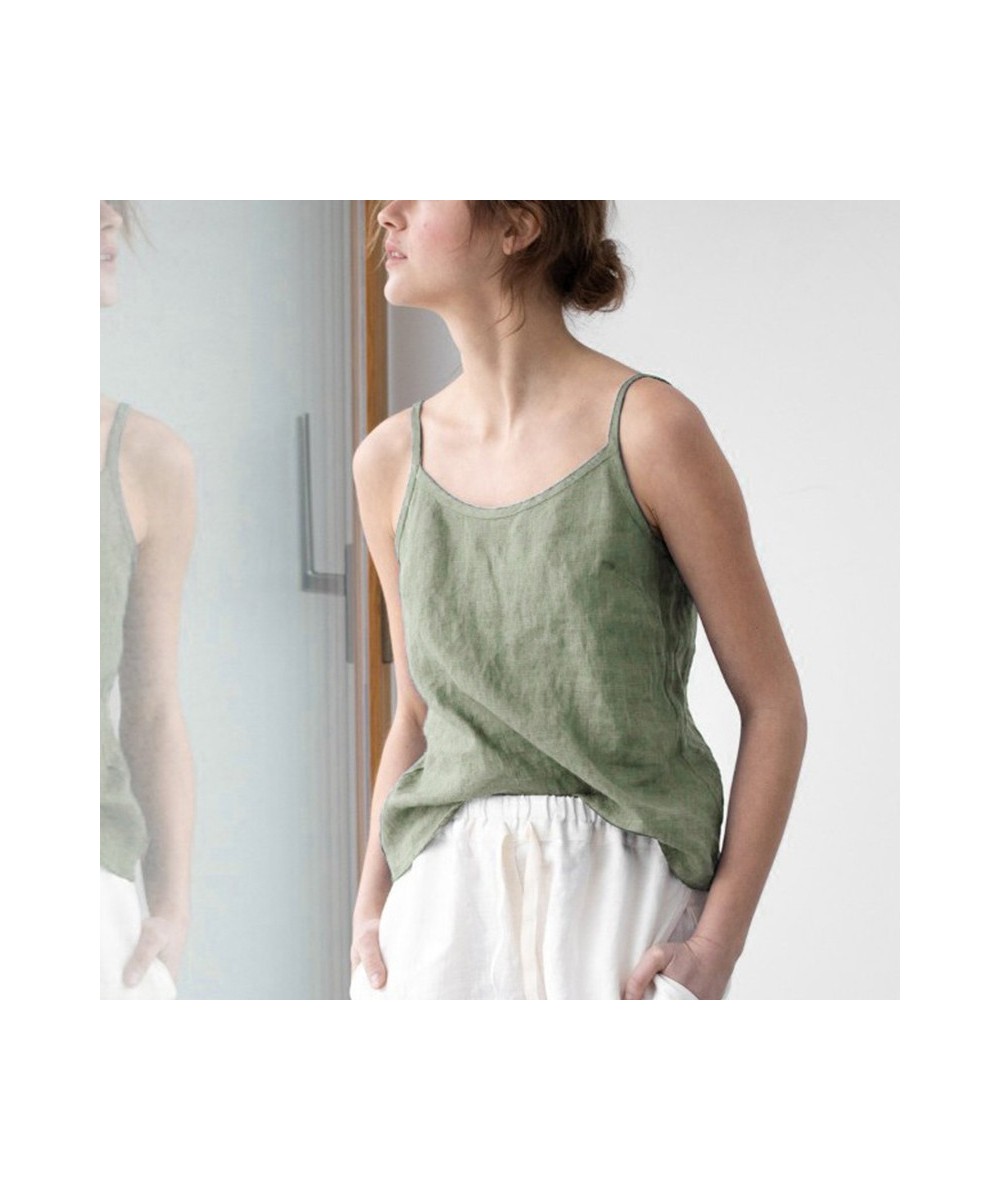 Summer New Women Cotton And Linen Camisole Tank Top Casual Solid O-Neck Adjustable Spaghetti Strap Basic Female Tops $22.35 -...