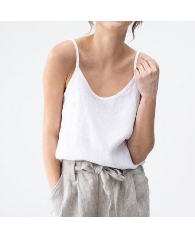 Summer New Women Cotton And Linen Camisole Tank Top Casual Solid O-Neck Adjustable Spaghetti Strap Basic Female Tops $22.35 -...