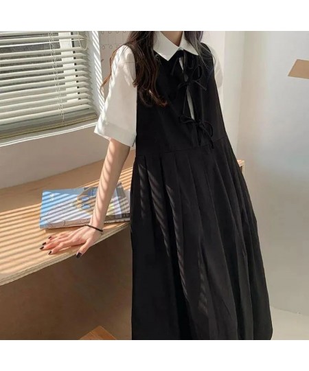 Sets Women All-match Solid Summer Stand Collar Korean Style Shirt & Black Design Elegant Sleeveless Chic Dress 2 Piece Outfit...