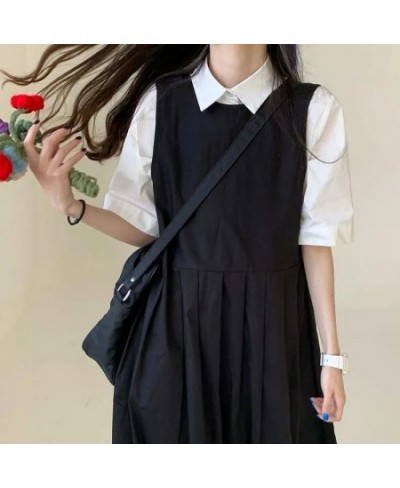 Sets Women All-match Solid Summer Stand Collar Korean Style Shirt & Black Design Elegant Sleeveless Chic Dress 2 Piece Outfit...