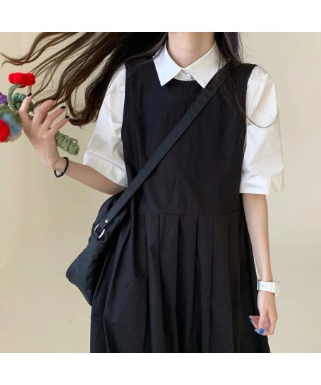 Sets Women All-match Solid Summer Stand Collar Korean Style Shirt & Black Design Elegant Sleeveless Chic Dress 2 Piece Outfit...