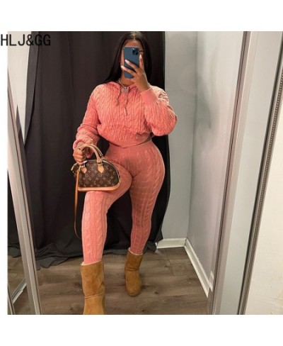 Casual Knitted Sweater 2pcs Suits Women Solid Color Long Sleeve Hoodde Crop Top And Skinny Pants Two Piece Set Tracksuits $64...