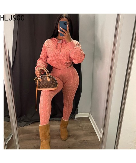 Casual Knitted Sweater 2pcs Suits Women Solid Color Long Sleeve Hoodde Crop Top And Skinny Pants Two Piece Set Tracksuits $64...