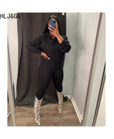 Casual Knitted Sweater 2pcs Suits Women Solid Color Long Sleeve Hoodde Crop Top And Skinny Pants Two Piece Set Tracksuits $64...