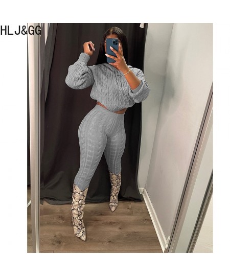 Casual Knitted Sweater 2pcs Suits Women Solid Color Long Sleeve Hoodde Crop Top And Skinny Pants Two Piece Set Tracksuits $64...