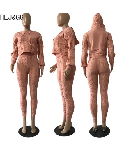 Casual Knitted Sweater 2pcs Suits Women Solid Color Long Sleeve Hoodde Crop Top And Skinny Pants Two Piece Set Tracksuits $64...