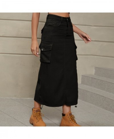 Y2k Harajuku Women'S Long Cargo Skirt Solid Color Drawstring Shirts Female Multi Pocket Straight Streetwear Loose Skirt New $...