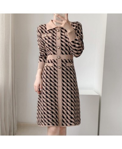 Women Elegant Plaid Button Knitted Dress Autumn Spring Fashion Bodycon Long-sleeved Knitted Dress Chic Party Vestidos $59.30 ...