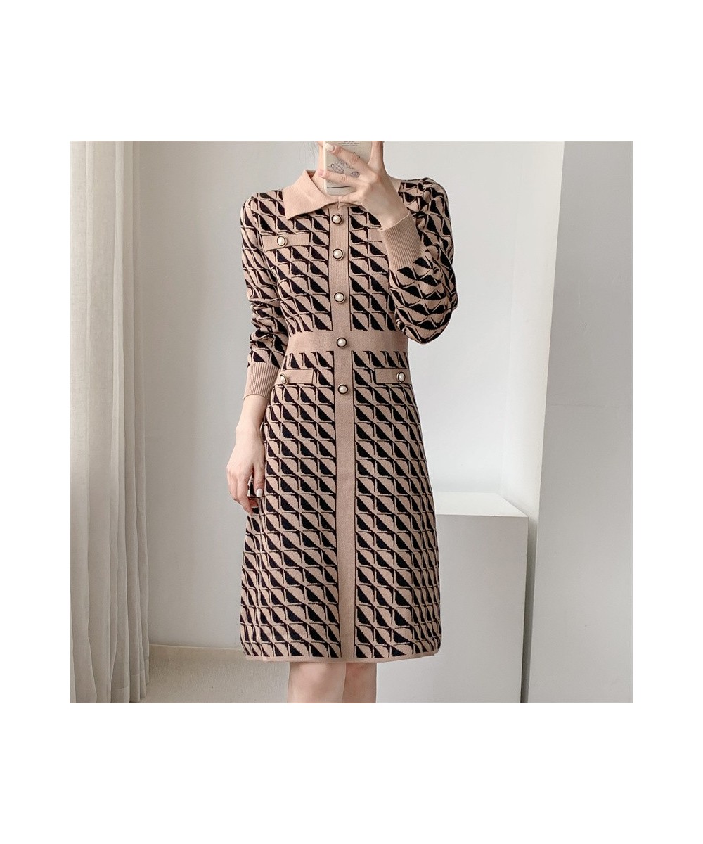 Women Elegant Plaid Button Knitted Dress Autumn Spring Fashion Bodycon Long-sleeved Knitted Dress Chic Party Vestidos $59.30 ...