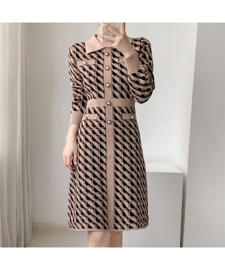 Women Elegant Plaid Button Knitted Dress Autumn Spring Fashion Bodycon Long-sleeved Knitted Dress Chic Party Vestidos $59.30 ...