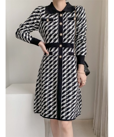 Women Elegant Plaid Button Knitted Dress Autumn Spring Fashion Bodycon Long-sleeved Knitted Dress Chic Party Vestidos $59.30 ...