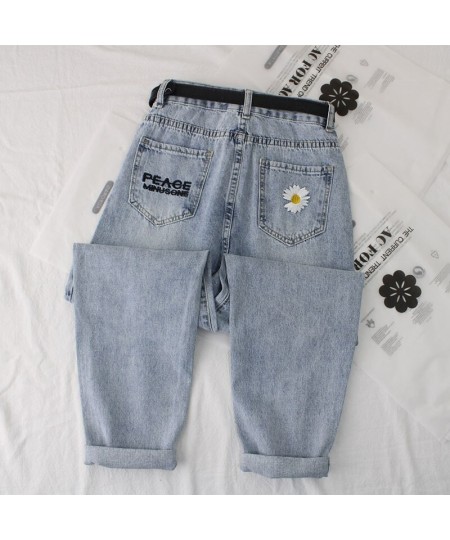 Daisy Embroidery Jeans Woman Spring Summer Casual Wild Vintage Elastic High Waist Denim Harem Trousers Straight Pants Women $...