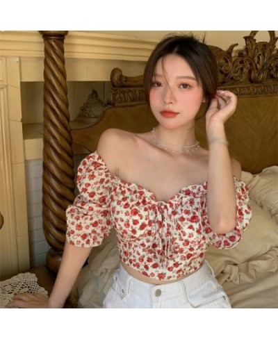 Female Summer Floral Thin One-shoulder Lace-up Short Square Neck Short Sleeve Top Chiffon Shirt $21.72 - Women Tops