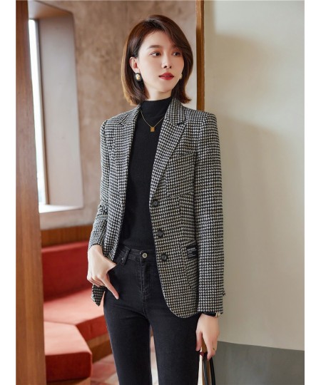 Fashion Elegant Vintage Office Ladies Plaid Blazer Houndstooth Suit Coat Woolen Jacket Female Outerwear Chic Slim Tops $86.03...