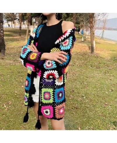 Hand Made Crochet Hooded Long Sweater Coat Women Cardigan Vintage Long Sleeve Female Outerwear Chic Tops $81.13 - Sweaters