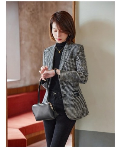 Fashion Elegant Vintage Office Ladies Plaid Blazer Houndstooth Suit Coat Woolen Jacket Female Outerwear Chic Slim Tops $86.03...