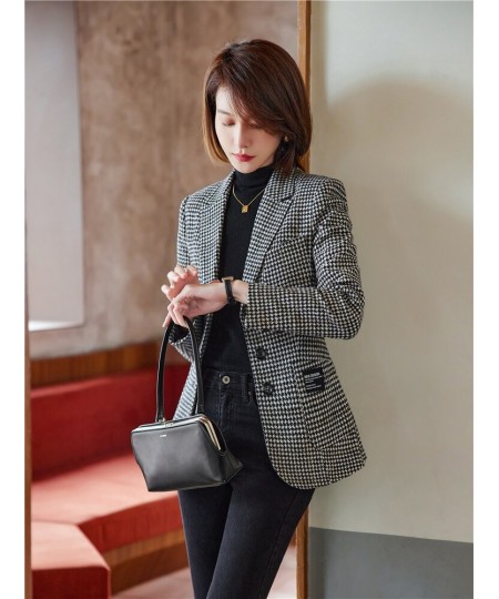 Fashion Elegant Vintage Office Ladies Plaid Blazer Houndstooth Suit Coat Woolen Jacket Female Outerwear Chic Slim Tops $86.03...