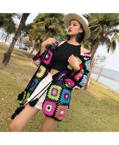 Hand Made Crochet Hooded Long Sweater Coat Women Cardigan Vintage Long Sleeve Female Outerwear Chic Tops $81.13 - Sweaters