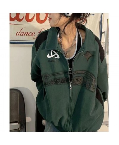 Vintage Oversized Women Sweatshirts Grunge Y2k Korean Streetwear Green Black Zip Up Hoodies Female Hip Hop Fashion Tops $39.6...