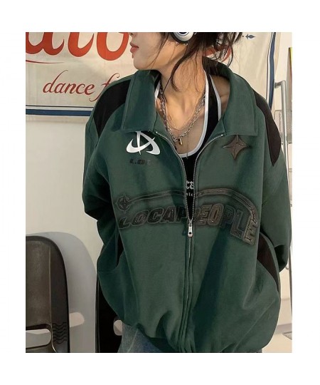 Vintage Oversized Women Sweatshirts Grunge Y2k Korean Streetwear Green Black Zip Up Hoodies Female Hip Hop Fashion Tops $39.6...