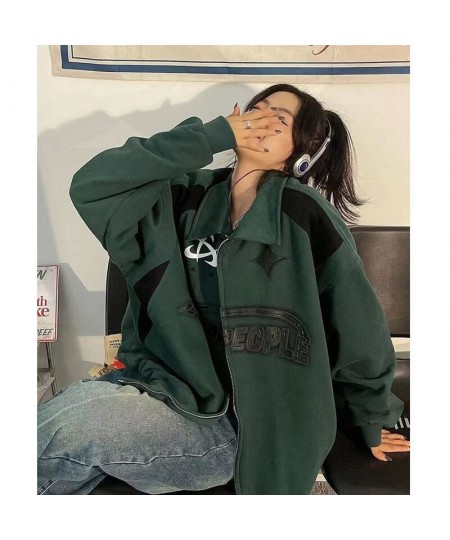 Vintage Oversized Women Sweatshirts Grunge Y2k Korean Streetwear Green Black Zip Up Hoodies Female Hip Hop Fashion Tops $39.6...