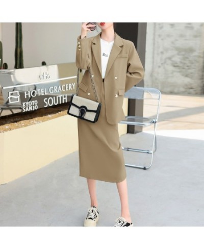 Spring Fall Women Loose Blazer Suit Two Piece Sets Coats Tops And Split Pencil Skirts Femme High Street Office Lady Outfits $...