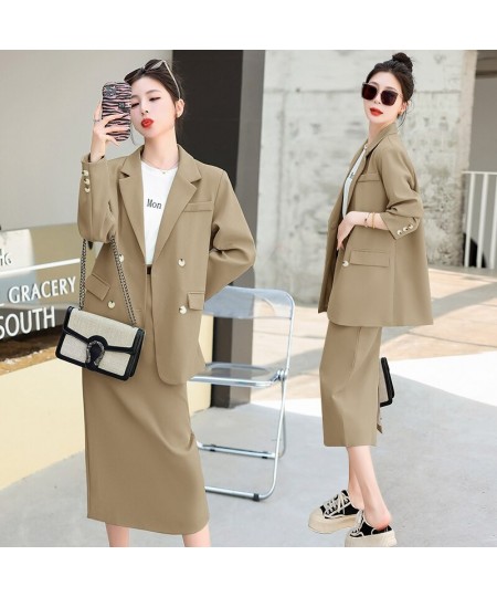 Spring Fall Women Loose Blazer Suit Two Piece Sets Coats Tops And Split Pencil Skirts Femme High Street Office Lady Outfits $...