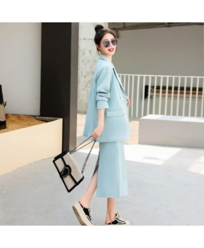 Spring Fall Women Loose Blazer Suit Two Piece Sets Coats Tops And Split Pencil Skirts Femme High Street Office Lady Outfits $...