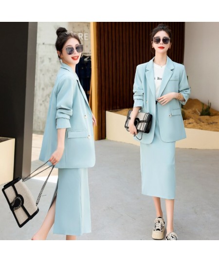 Spring Fall Women Loose Blazer Suit Two Piece Sets Coats Tops And Split Pencil Skirts Femme High Street Office Lady Outfits $...