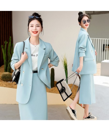 Spring Fall Women Loose Blazer Suit Two Piece Sets Coats Tops And Split Pencil Skirts Femme High Street Office Lady Outfits $...