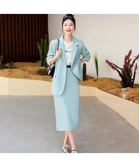 Spring Fall Women Loose Blazer Suit Two Piece Sets Coats Tops And Split Pencil Skirts Femme High Street Office Lady Outfits $...