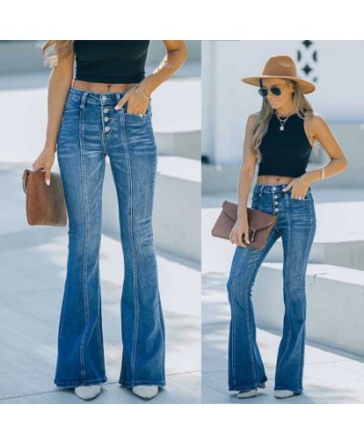 Women Flare Jeans Skinny Boot-cut Denim Trousers Vintage Button High Waist Stretch Jeans Woman Blue Bellbottoms Pants $52.30 ...