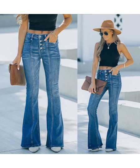 Women Flare Jeans Skinny Boot-cut Denim Trousers Vintage Button High Waist Stretch Jeans Woman Blue Bellbottoms Pants $52.30 ...