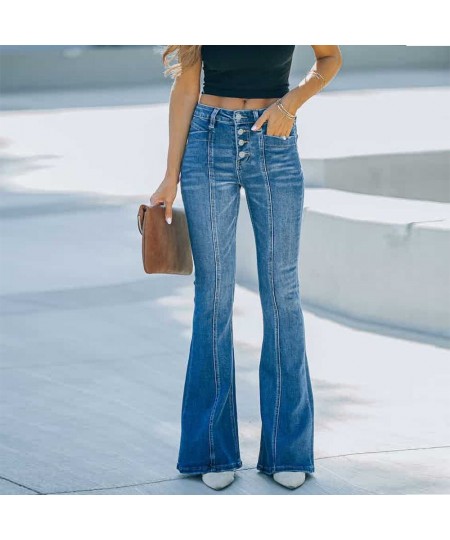 Women Flare Jeans Skinny Boot-cut Denim Trousers Vintage Button High Waist Stretch Jeans Woman Blue Bellbottoms Pants $52.30 ...