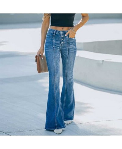 Women Flare Jeans Skinny Boot-cut Denim Trousers Vintage Button High Waist Stretch Jeans Woman Blue Bellbottoms Pants $52.30 ...