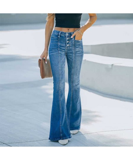 Women Flare Jeans Skinny Boot-cut Denim Trousers Vintage Button High Waist Stretch Jeans Woman Blue Bellbottoms Pants $52.30 ...